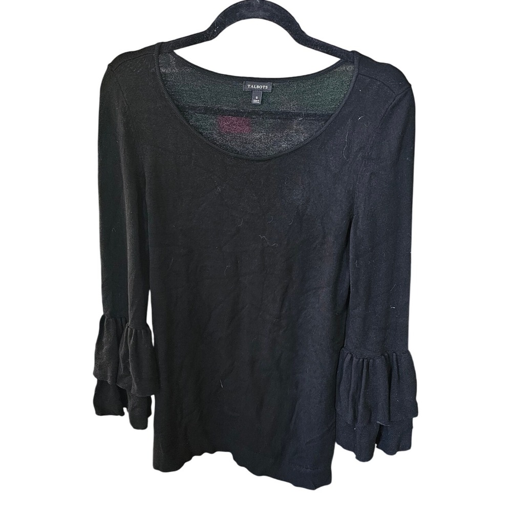 Talbots Black Ruffled Bell Sleeve Sweater‎ Viscose Nylon Knit Top Small